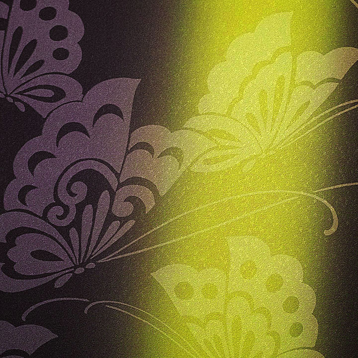 正絹　染袋帯【蝶々　紫×黄緑×茶】