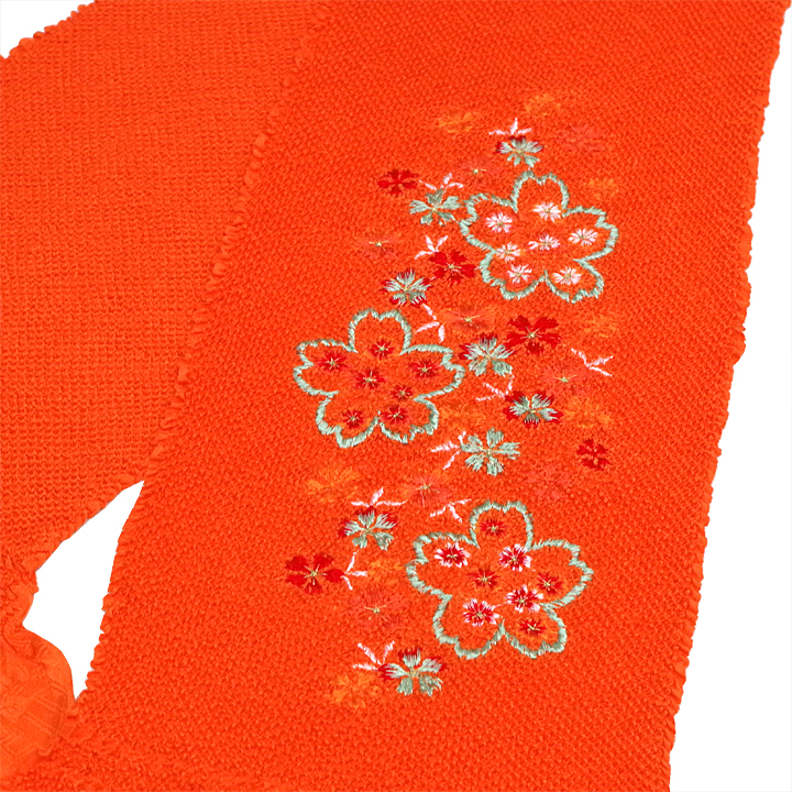 総絞帯揚げ　刺繍【桜　橙色】