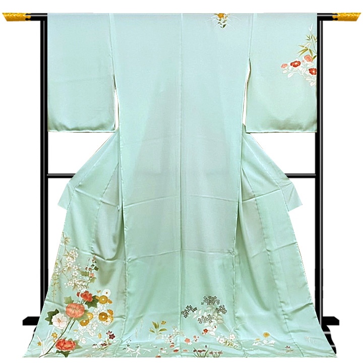 京都の一流染匠　正絹特選訪問着【爽やかな水色に季節花】仕立て込み