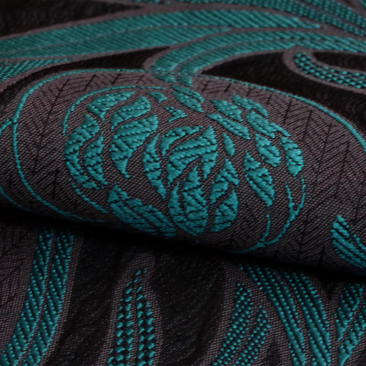 弥栄織物　西陣織九寸名古屋帯【幻想的な花植物 青緑】 仕立て込み
