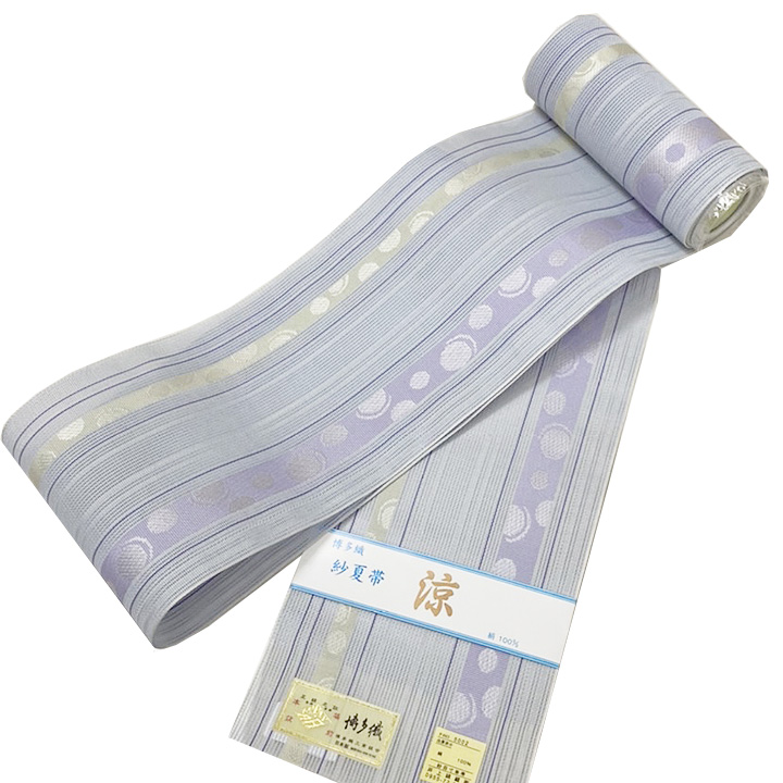 本場筑前博多織 紗半幅帯【水色 水玉】 [220403-syahan-13] - 14,300円